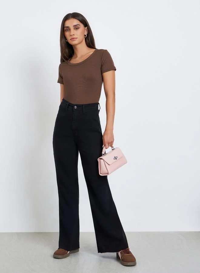 Styli Women Brown Ribbed Knit Short Sleeve Top